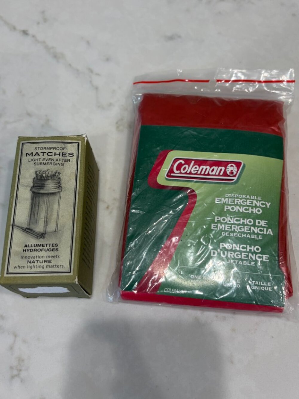 Restoration Hardware Storm proof Matches in Box + emergency poncho, camping